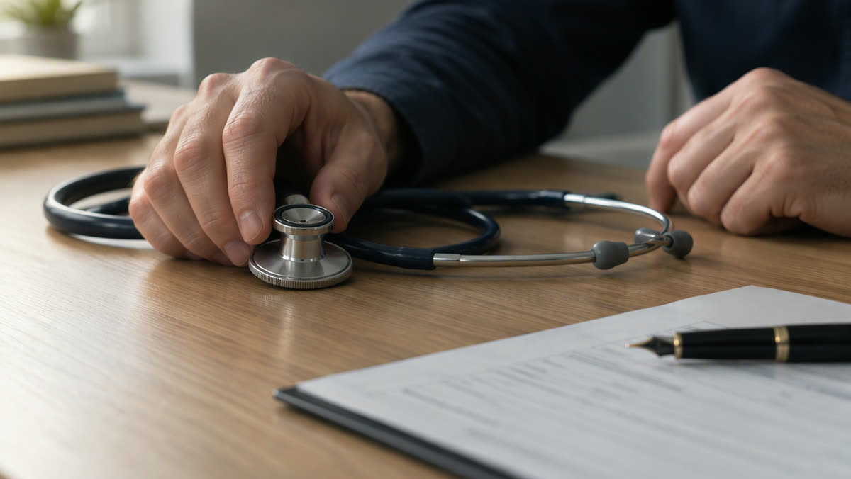 A stethoscope and a medical form on a desk