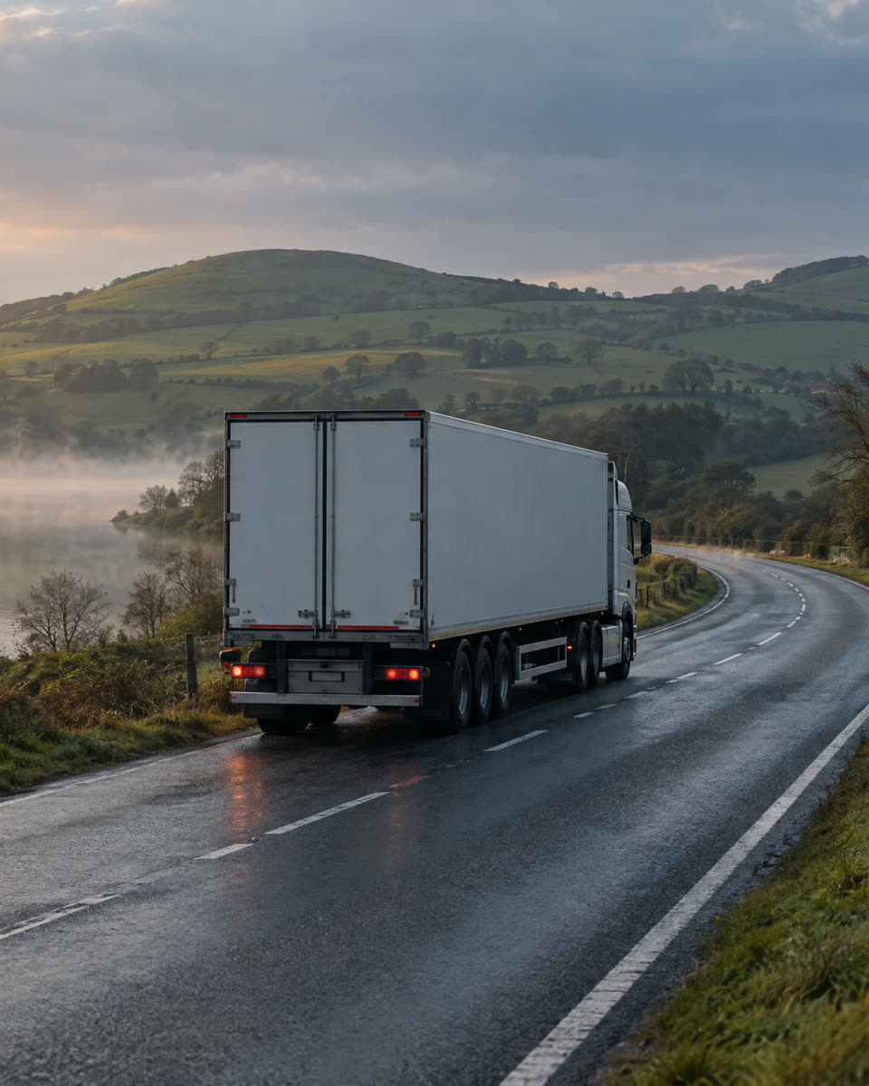 A lorry on a quiet country road at dawn